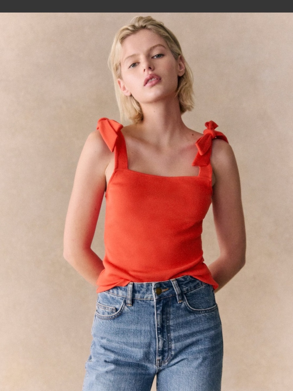 Sézane Aria Top Coral Tie Shoulder Ribbed Tank XS